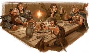Grupo de aventureiros em uma taverna