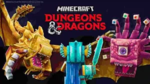 um dragão e um beholder no novo jogo da wizards minecraft no D&D