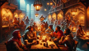 Tavernas em D&D: Onde Aventuras Se Iniciam taverna cheia 